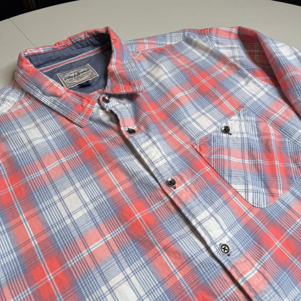 Flag & Anthem Mens XL Tall Plaid Button Down Shirt Coral Blue SM20WS188TL - Picture 2 of 12